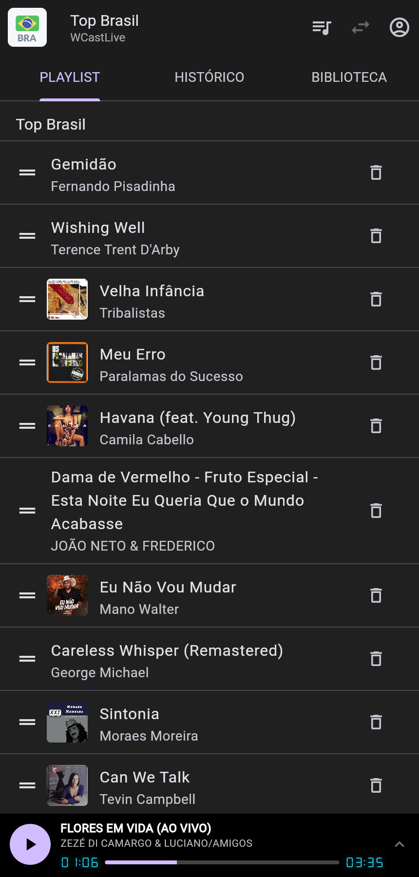 App WCastLive Online com a playlist da rádio e player tocando ao vivo